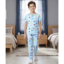 Pine Kids Cotton Knit Half Sleeves Co-Ord T-Shirt & Pyjama Night-Suit With Sports Print - Sky Blue