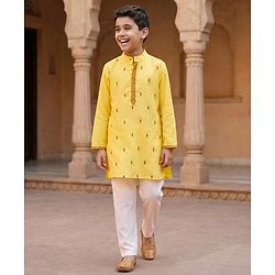 Pine Kids Woven Full Sleeves Kurta Pajama with Embroidery - Yellow