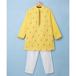 Pine Kids Woven Full Sleeves Kurta Pajama with Embroidery - Yellow