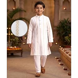 Pine Kids Woven Full Sleeves Kurta Pajama Set with Embroidery - White