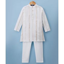 Pine Kids Woven Full Sleeves Kurta Pajama Set with Embroidery - White