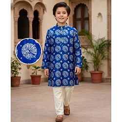 Pine Kids Woven Full Sleeves Printed Kurta Pajama Set - Blue
