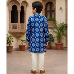 Pine Kids Woven Full Sleeves Printed Kurta Pajama Set - Blue