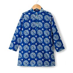 Pine Kids Woven Full Sleeves Printed Kurta Pajama Set - Blue