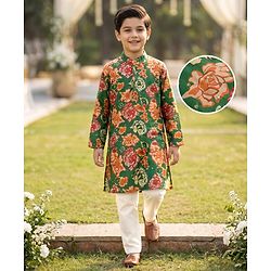 Pine Kids Woven Full Sleeves Floral Printed Kurta Pajama Set - Blue