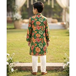 Pine Kids Woven Full Sleeves Floral Printed Kurta Pajama Set - Blue
