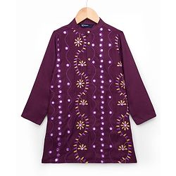 Pine Kids Woven Full Sleeves Kurta Pajama Set with Floral Embroidery - Voilet