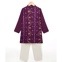 Pine Kids Woven Full Sleeves Kurta Pajama Set with Floral Embroidery - Voilet