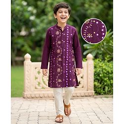 Pine Kids Woven Full Sleeves Kurta Pajama Set with Floral Embroidery - Voilet