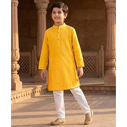 Pine Kids Woven Full Sleeves Solid Kurta Pyjama Set - Mustard