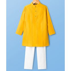 Pine Kids Woven Full Sleeves Solid Kurta Pyjama Set - Mustard