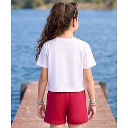 Pine Kids Cotton Knit Half Sleeves Top & Shorts Set with Text Print - White & Red