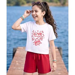 Pine Kids Cotton Knit Half Sleeves Top & Shorts Set with Text Print - White & Red