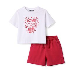 Pine Kids Cotton Knit Half Sleeves Top & Shorts Set with Text Print - White & Red