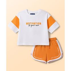 Pine Kids Cotton Knit Half Sleeves Text Printed Top & Shorts Set - White & Orange