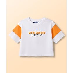Pine Kids Cotton Knit Half Sleeves Text Printed Top & Shorts Set - White & Orange