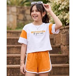 Pine Kids Cotton Knit Half Sleeves Text Printed Top & Shorts Set - White & Orange