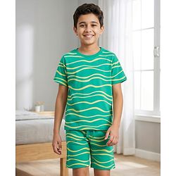 Pine Kids Cotton Knit Half Sleeves Printed T-Shirt & Shorts Co-ord Night Suit - Green