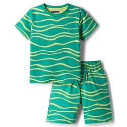 Pine Kids Cotton Knit Half Sleeves Printed T-Shirt & Shorts Co-ord Night Suit - Green