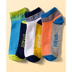 Pine Kids Cotton Knit Ankle Length Socks With Stripes & Text Design Pack Of 3 ( Colour May Vary )