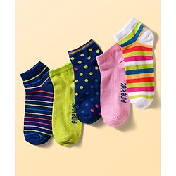 Pine Kids Cotton Knit Ankle Length Socks With Stripes & Polka Dots Print Pack of 5 ( Colour May Vary )