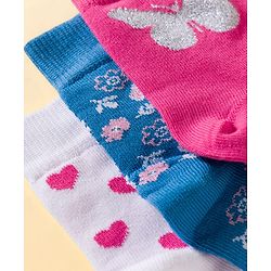 Pine Kids Cotton Knit Ankle Length Floral Butterfly & Hearts Printed Socks Pack Of 3 ( Colour May Vary )