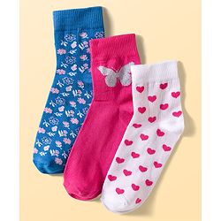 Pine Kids Cotton Knit Ankle Length Floral Butterfly & Hearts Printed Socks Pack Of 3 ( Colour May Vary )