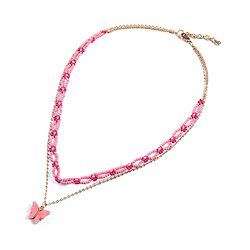 Pine Kids Metal Necklace For Kids With Beads & Butterfly Charm - Pink & Gold