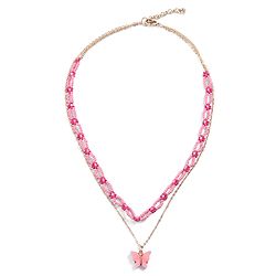 Pine Kids Metal Necklace For Kids With Beads & Butterfly Charm - Pink & Gold