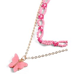Pine Kids Metal Necklace For Kids With Beads & Butterfly Charm - Pink & Gold