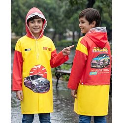 Pine Kids Full Sleeves Raincoat with Car Print - Yellow