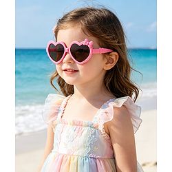 Pine Kids Solid Coloured Heart Shaped Sunglasses with Bow Applique - Pink