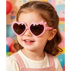 Pine Kids Solid Coloured Heart Shaped Sunglasses with Bow Applique - Pink