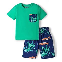 Pine Kids Cotton Knit Half Sleeves T-Shirt & Shorts Night Suit With Tree Print - Green