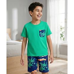 Pine Kids Cotton Knit Half Sleeves T-Shirt & Shorts Night Suit With Tree Print - Green
