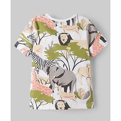 Pine Kids Cotton Knit Half Sleeves Co-ords T-Shirt & Shorts Night Suit with Jungle Theme Print - White