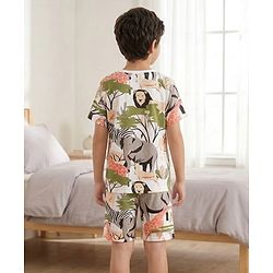 Pine Kids Cotton Knit Half Sleeves Co-ords T-Shirt & Shorts Night Suit with Jungle Theme Print - White