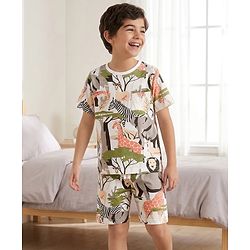 Pine Kids Cotton Knit Half Sleeves Co-ords T-Shirt & Shorts Night Suit with Jungle Theme Print - White