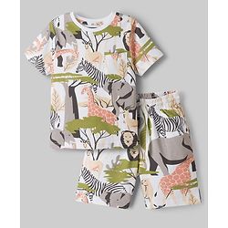 Pine Kids Cotton Knit Half Sleeves Co-ords T-Shirt & Shorts Night Suit with Jungle Theme Print - White