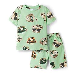 Pine Kids Cotton Knit Half Sleeves Co-ords T-Shirt & Shorts Night Suit with Bear Print - Lime Green