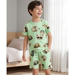 Pine Kids Cotton Knit Half Sleeves Co-ords T-Shirt & Shorts Night Suit with Bear Print - Lime Green