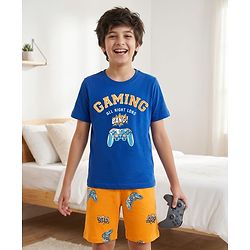 Pine Kids Cotton Knit Half Sleeves T-Shirt & Shorts Night Suit With Gaming Print - Blue