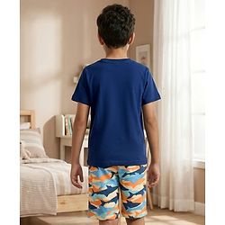 Pine Kids Cotton Knit Half Sleeves T-Shirt & Shorts Night Suit With Shark Print - Navy Blue
