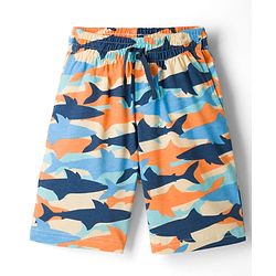 Pine Kids Cotton Knit Half Sleeves T-Shirt & Shorts Night Suit With Shark Print - Navy Blue