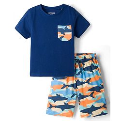 Pine Kids Cotton Knit Half Sleeves T-Shirt & Shorts Night Suit With Shark Print - Navy Blue