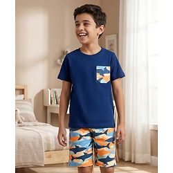 Pine Kids Cotton Knit Half Sleeves T-Shirt & Shorts Night Suit With Shark Print - Navy Blue
