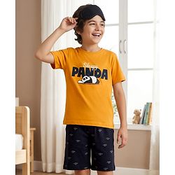 Pine Kids Cotton Knit Half Sleeves T-Shirt & Shorts Night Suit With Panda Print - Yellow