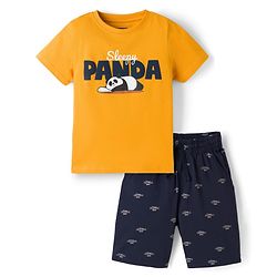 Pine Kids Cotton Knit Half Sleeves T-Shirt & Shorts Night Suit With Panda Print - Yellow