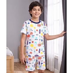 Pine Kids Cotton Knit Half Sleeves Co-Ord T-Shirt & Shorts Printed Night-Suit - White