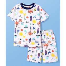 Pine Kids Cotton Knit Half Sleeves Co-Ord T-Shirt & Shorts Printed Night-Suit - White